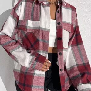 SHEIN Red and White Plaid Button-Front Shirt Jacket - EVERYTHING MUST GO